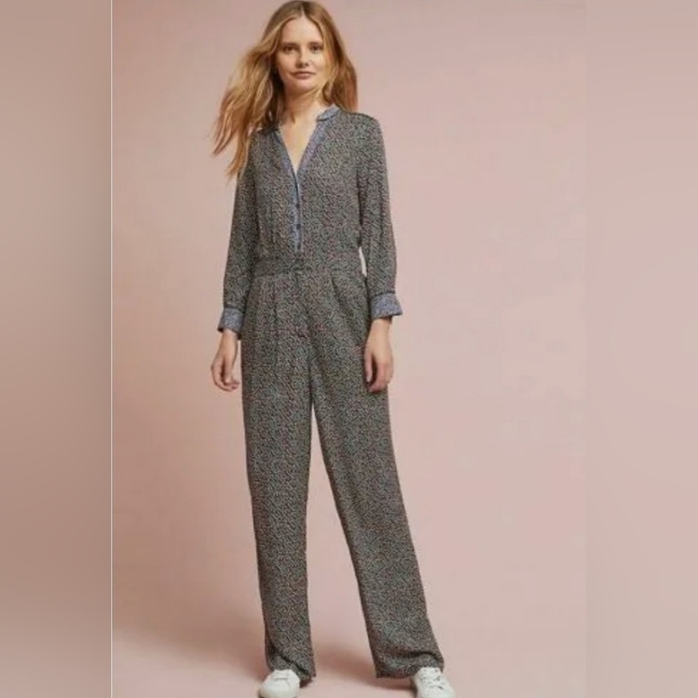 Anthropologie ett twa Christine Silken Print Jumpsuit Straight Leg Women's 14